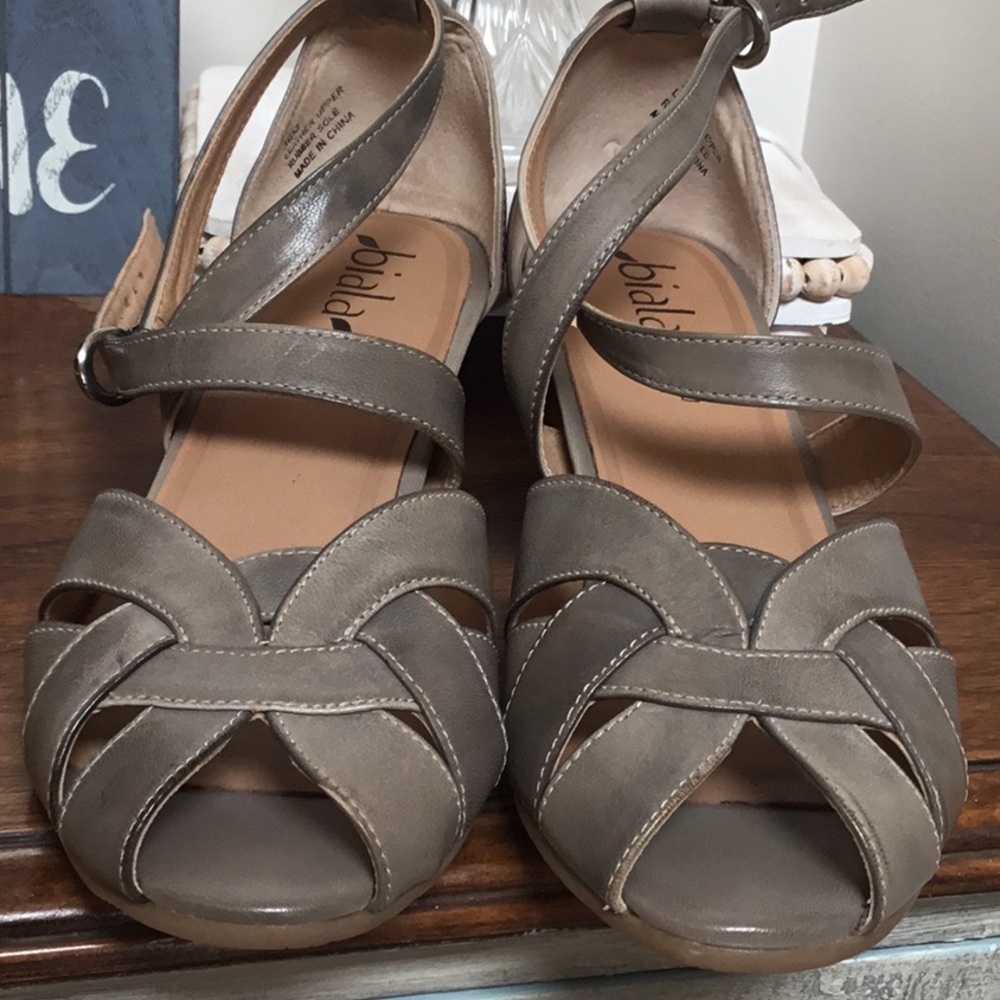 BIALA Peep Toe Wedge Leather Tan Gray Ankle Wrap Strap Shoes Size 39 - Picture 5 of 16